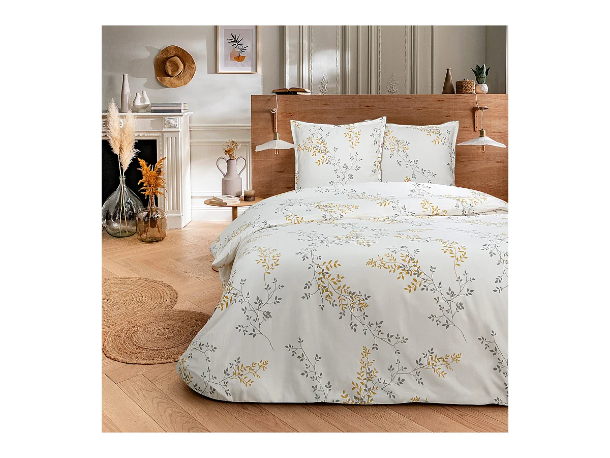 Parure de lit 2 personnes satin de coton motif feuillage 260x240cm