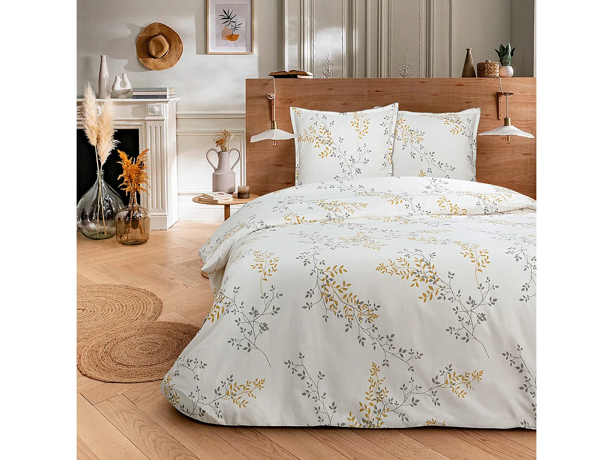 Parure de lit 2 personnes satin de coton motif feuillage 260x240cm
