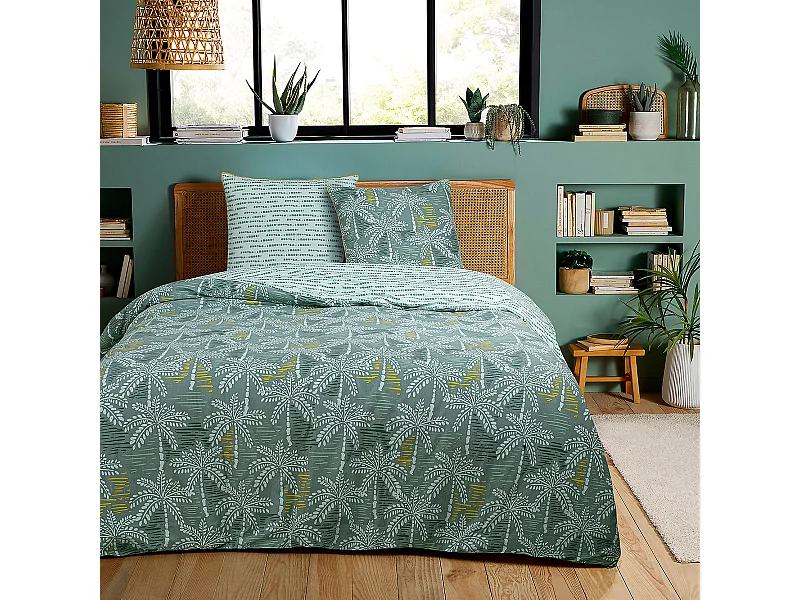 Parure de lit double palmiers en microfibre lavée 260x240cm