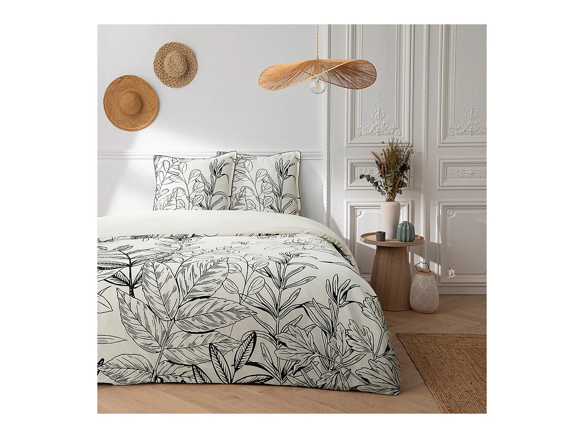 Parure de lit 2 personnes en satin de coton imprimé végétal 260x240cm