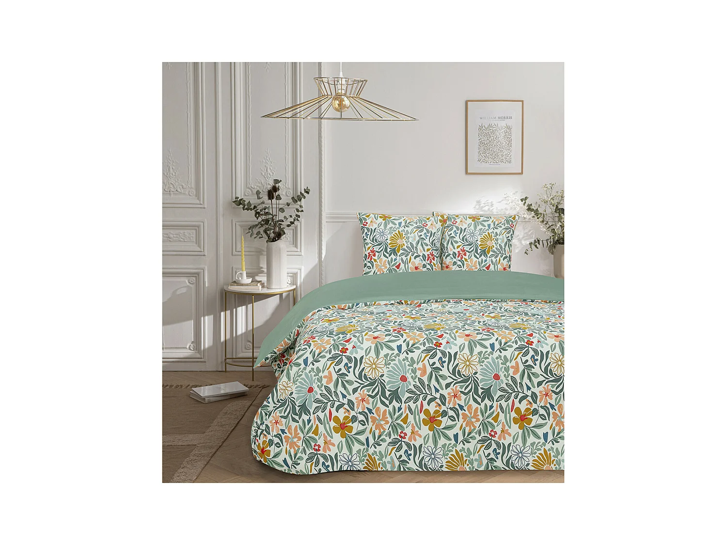 Parure de lit 2 personnes en satin de coton imprimé floral 260x240cm