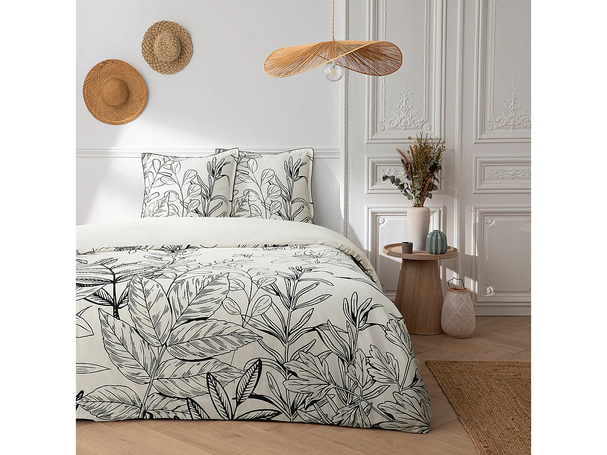 Parure de lit 2 personnes en satin de coton imprimé végétal 240x220cm