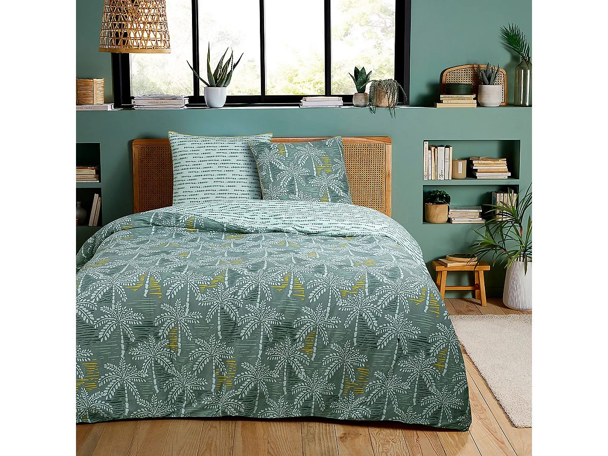 Parure de lit double palmiers en microfibre lavée 240x220cm