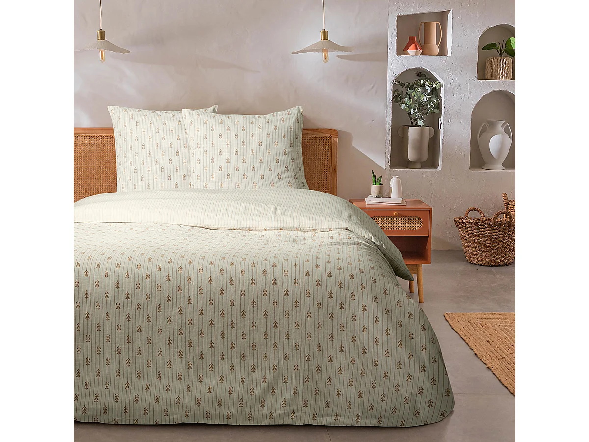 Parure de lit double à rayures fleurie effet lin 260x240cm