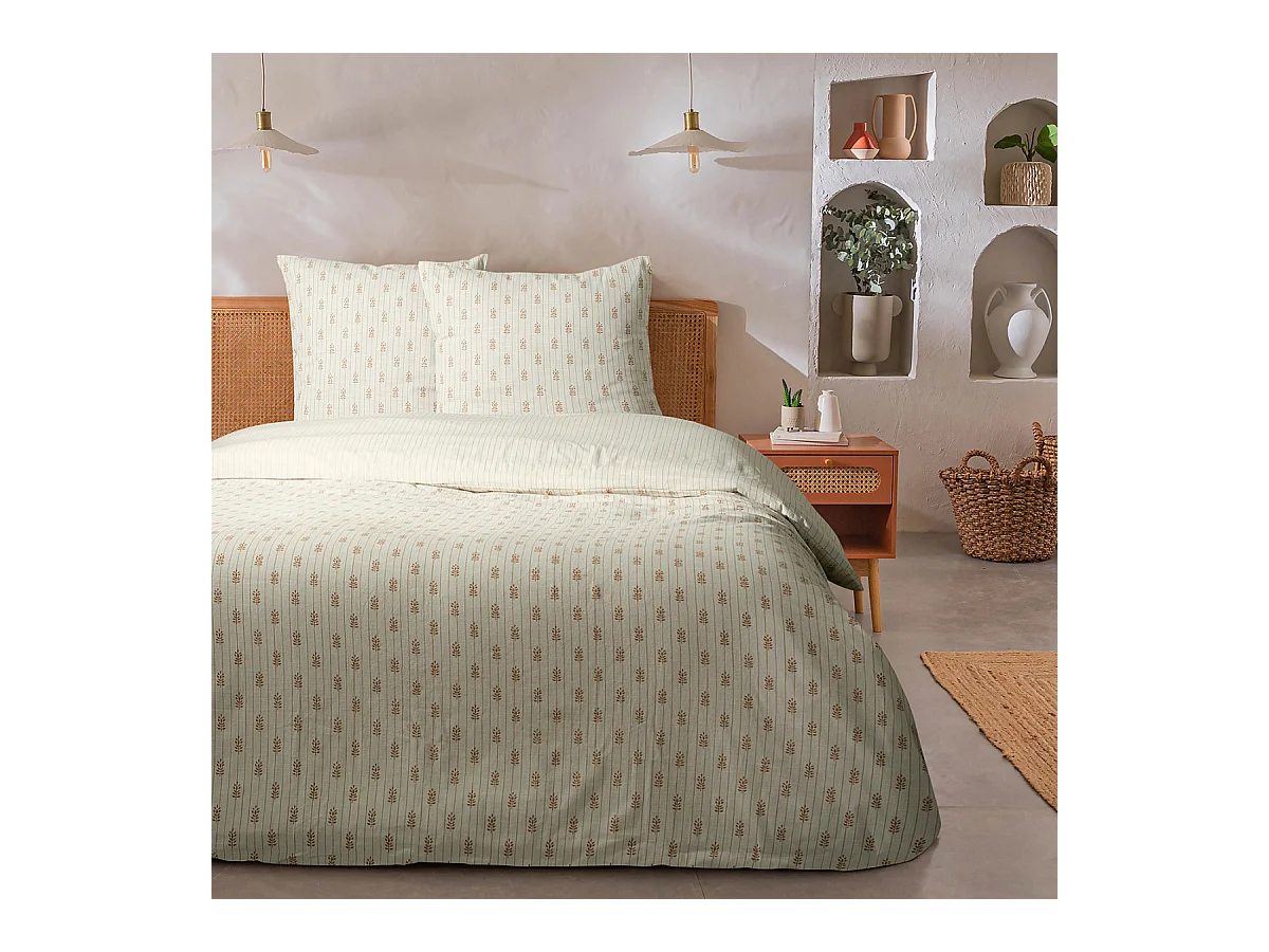 Parure de lit double à rayures fleurie effet lin 240x220cm