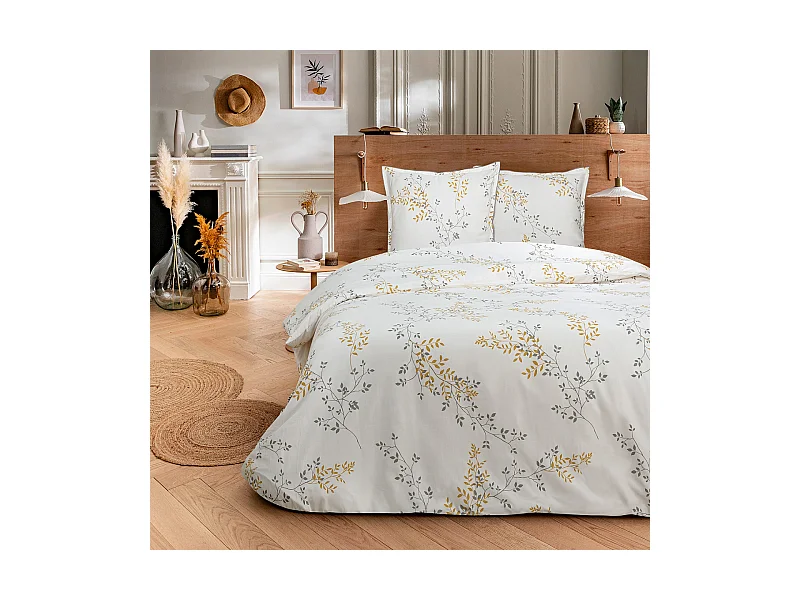 Parure de lit 2 personnes satin de coton motif feuillage 240x220cm