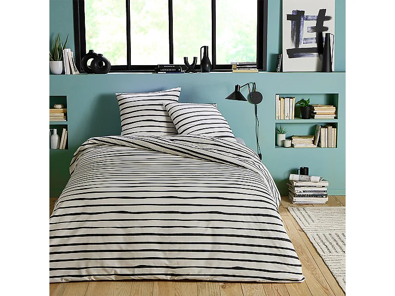 Parure de lit 2 personnes à rayures en polycoton 200x200cm