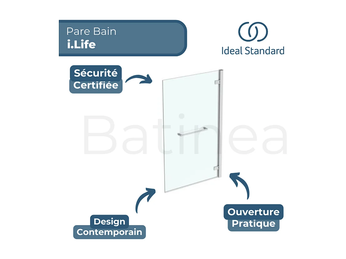 Pare bain fixe IDEAL STANDARD droit + porte-serviette i.Life