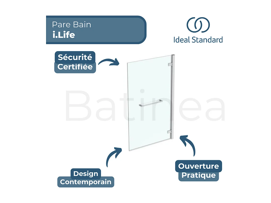 Pare bain fixe IDEAL STANDARD droit + porte-serviette i.Life