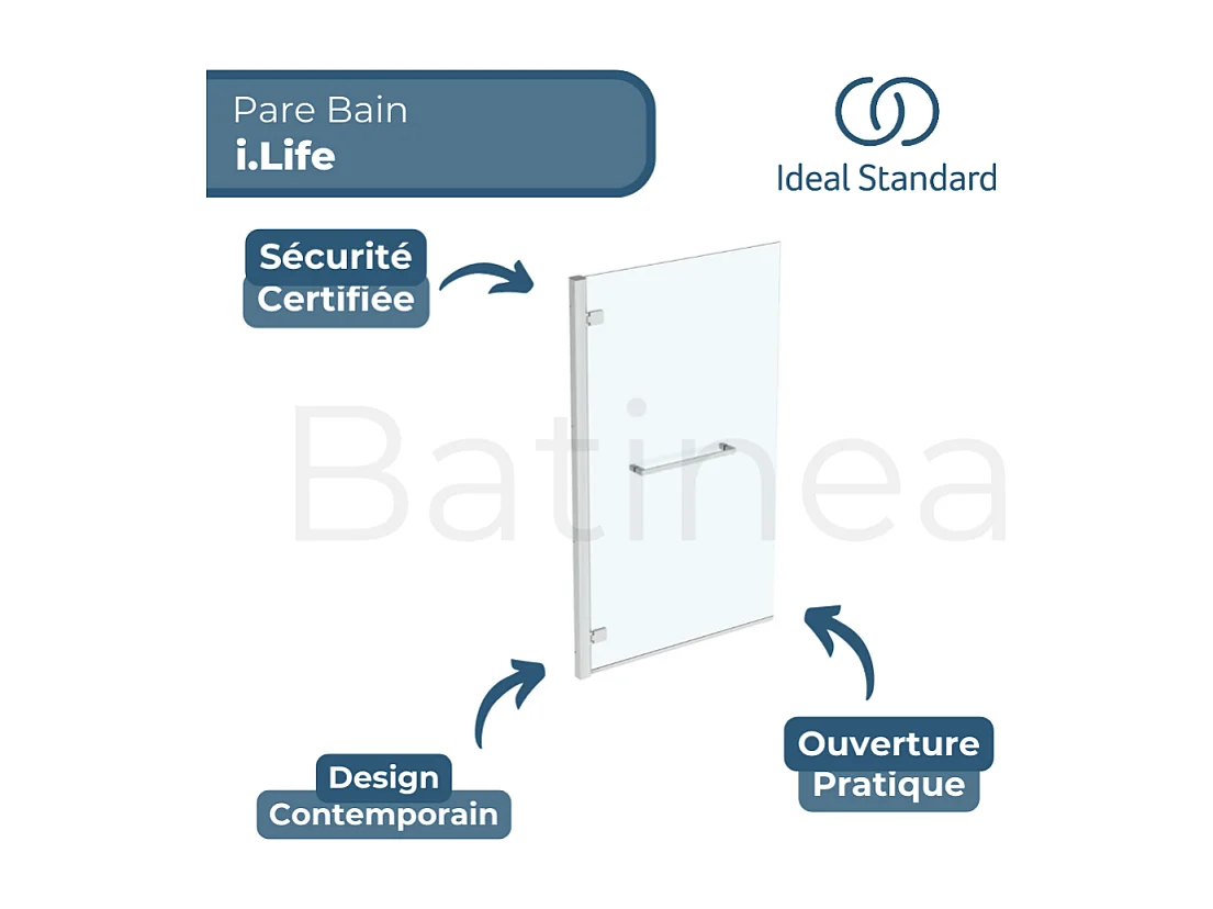 Pare bain fixe IDEAL STANDARD gauche + porte-serviette i.Life