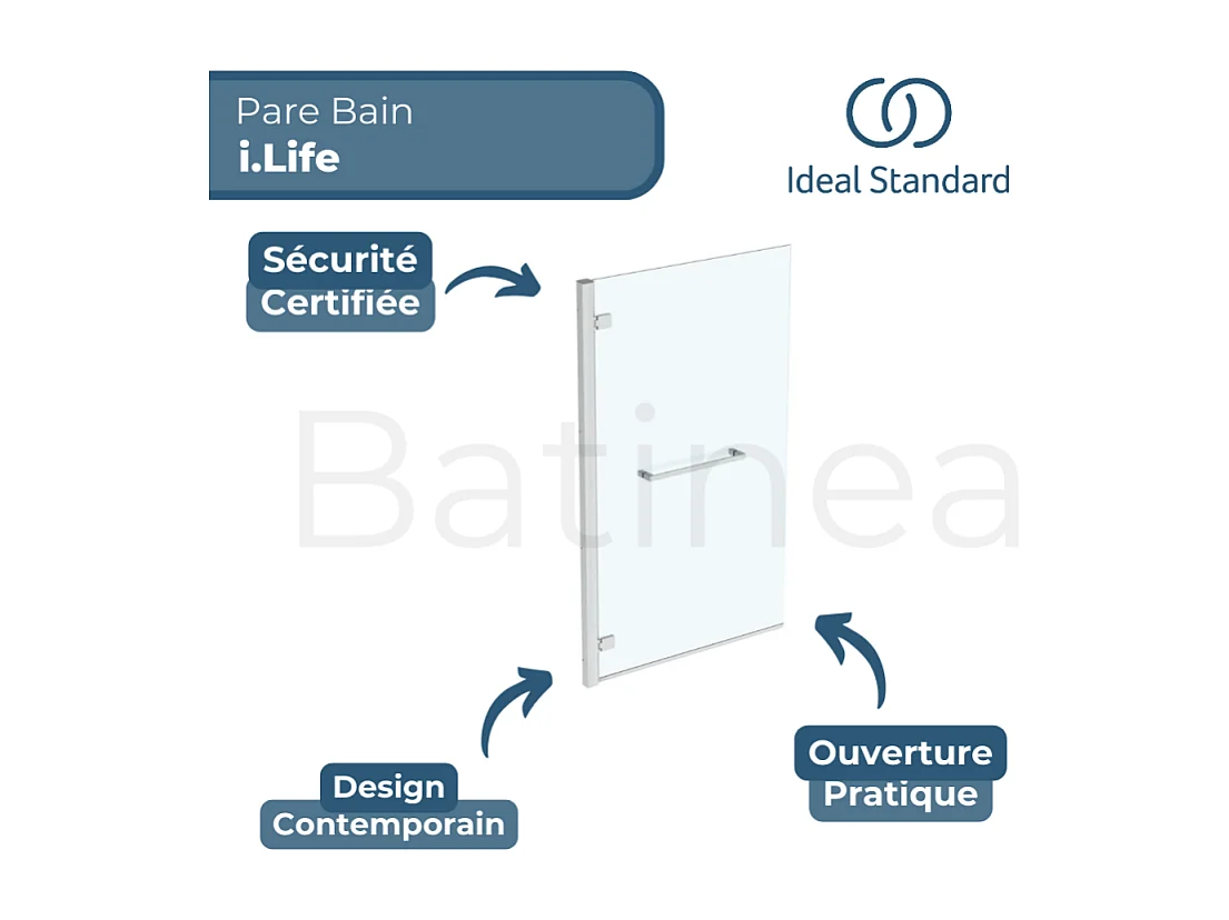 Pare bain fixe IDEAL STANDARD gauche + porte-serviette i.Life