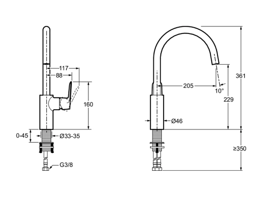 Robinet cuisine JACOB DELAFON July+ col de cygne et orientable