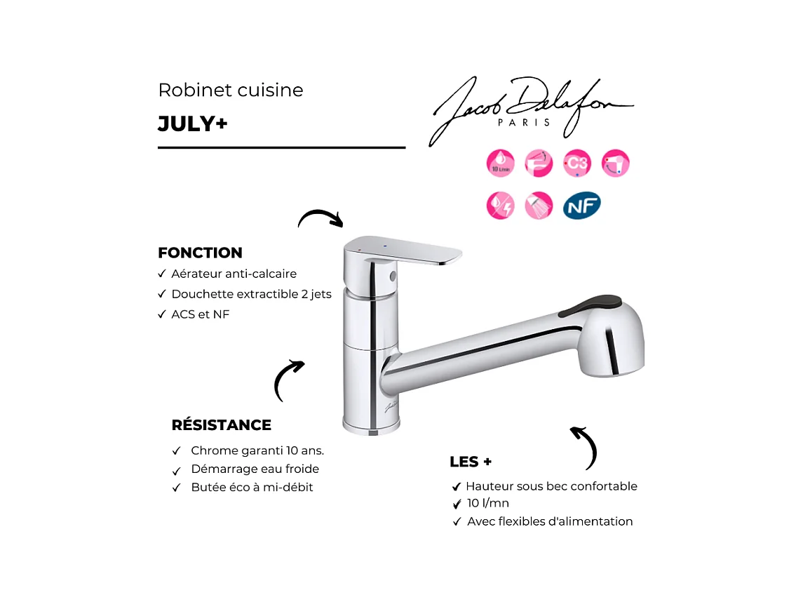 Robinet cuisine avec douchette extractible JACOB DELAFON July+ chromé