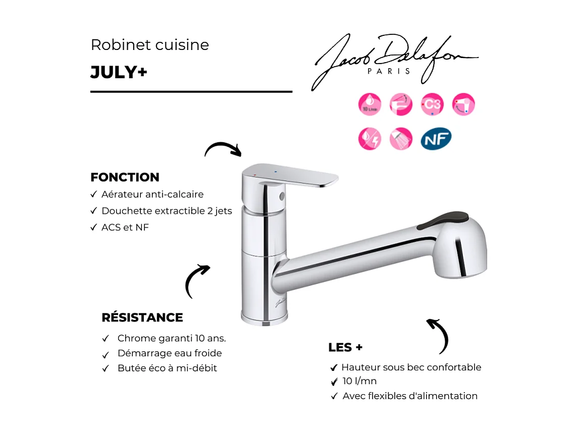 Robinet cuisine avec douchette extractible JACOB DELAFON July+ chromé