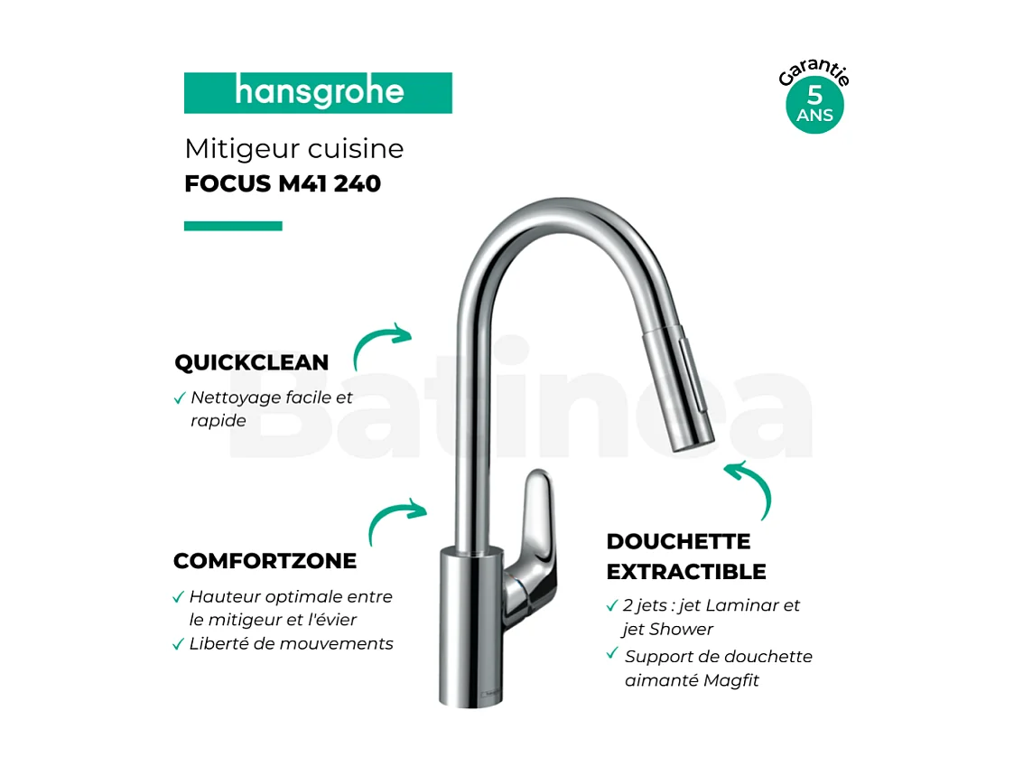 Robinet de cuisine avec douchette HANSGROHE Focus M41 240 2 jets chromé + nettoyant Briochin