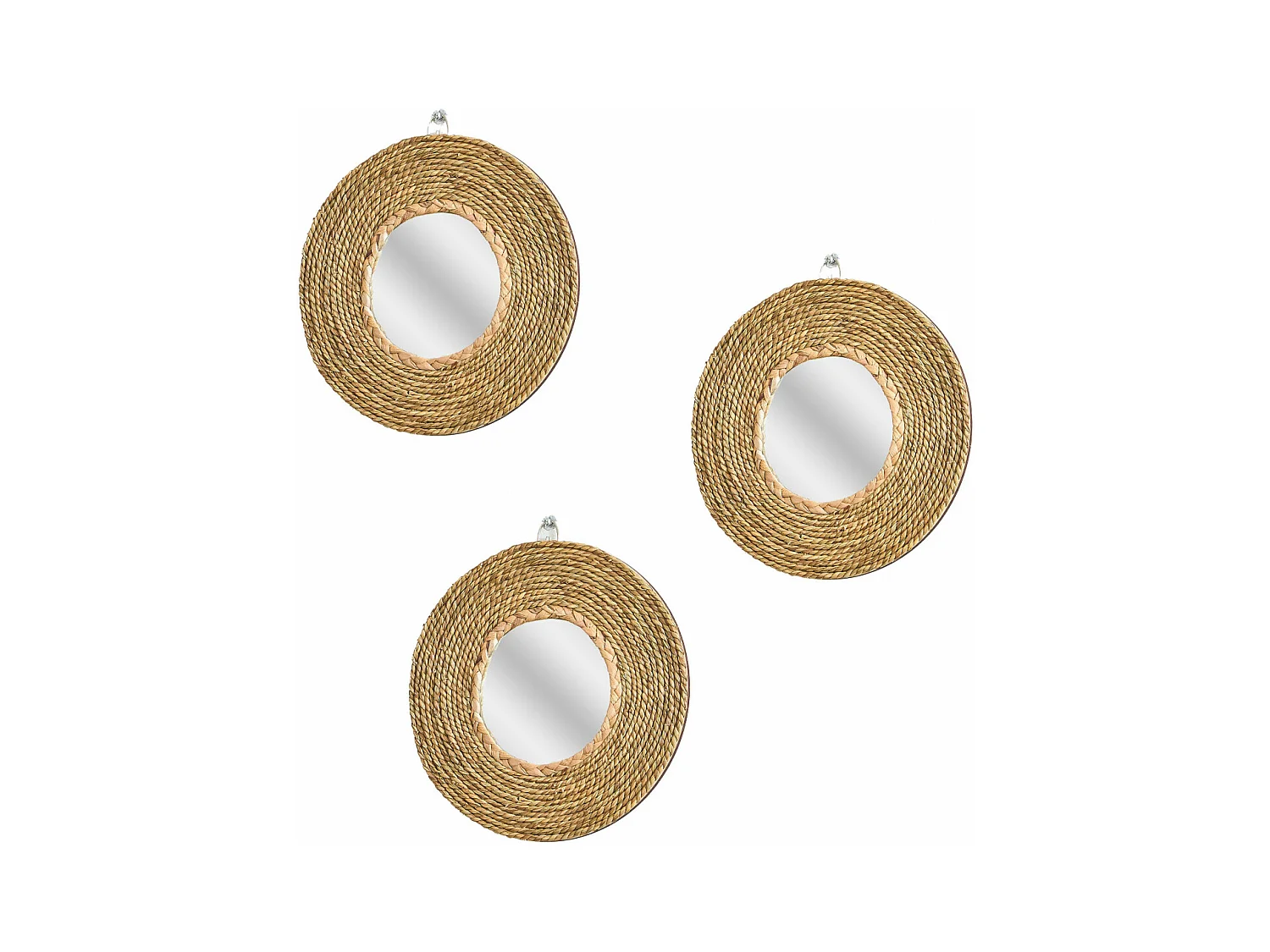 Lot de 3 miroirs muraux ronds en jonc de mer 25cm