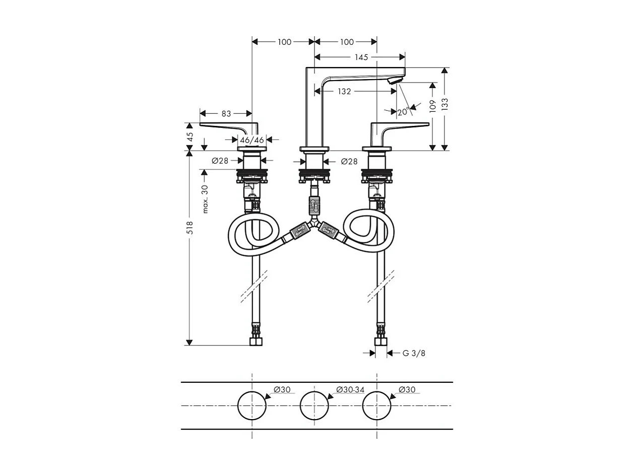 HANSGROHE Mélangeur lavabo Metropol 110, 3 trous poignées manettes, bonde Push-Open chromé