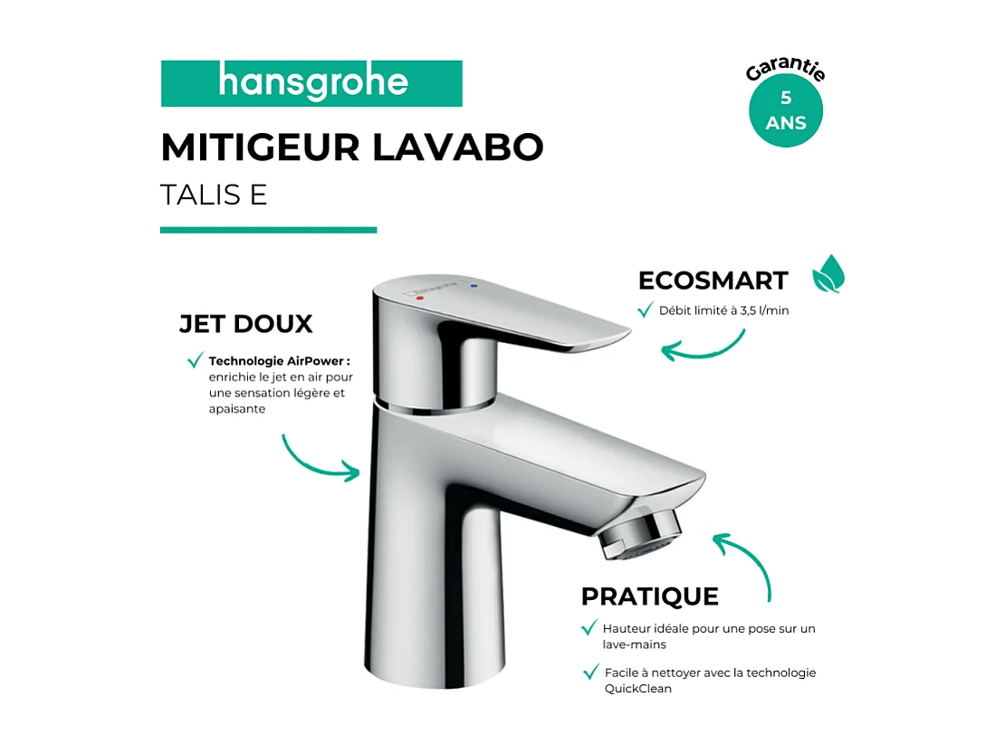 Mitigeur lavabo HANSGROHE Talis E avec tirette et vidage