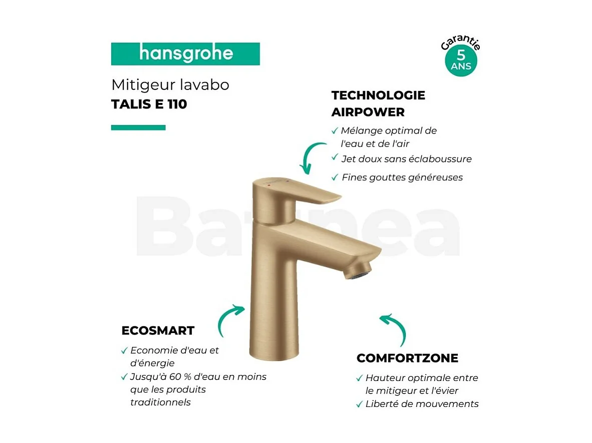 HANSGROHE Mezclador de lavabo Talis E 110, sin desagüe automático ni extraíble, bronce cepillado