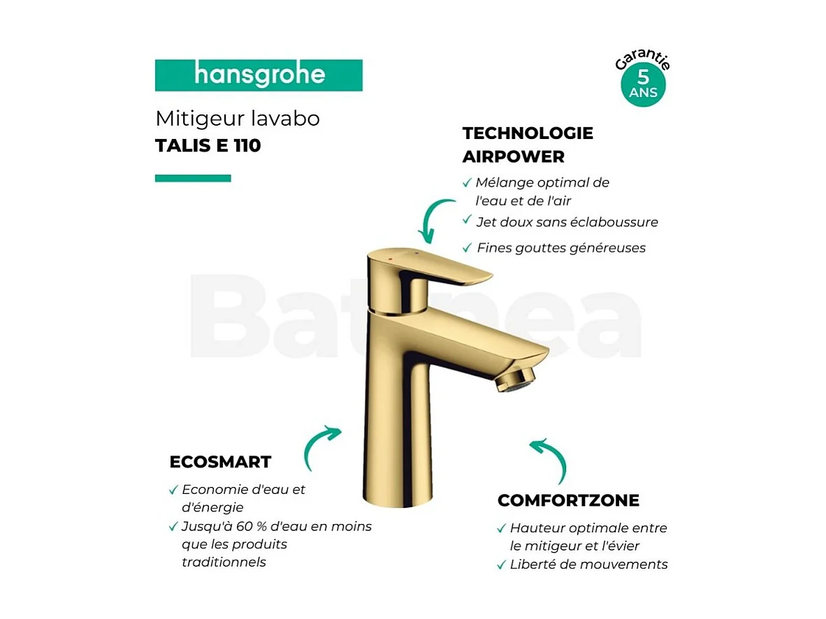 HANSGROHE Mitigeur lavabo Talis E 110, sans tirette ni vidage aspect doré poli