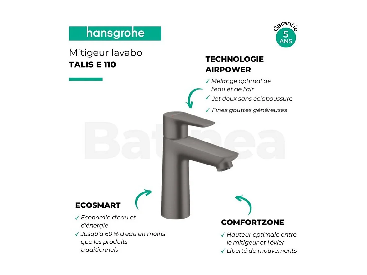 HANSGROHE Mitigeur lavabo Talis E 110, sans tirette ni vidage noir chromé brossé