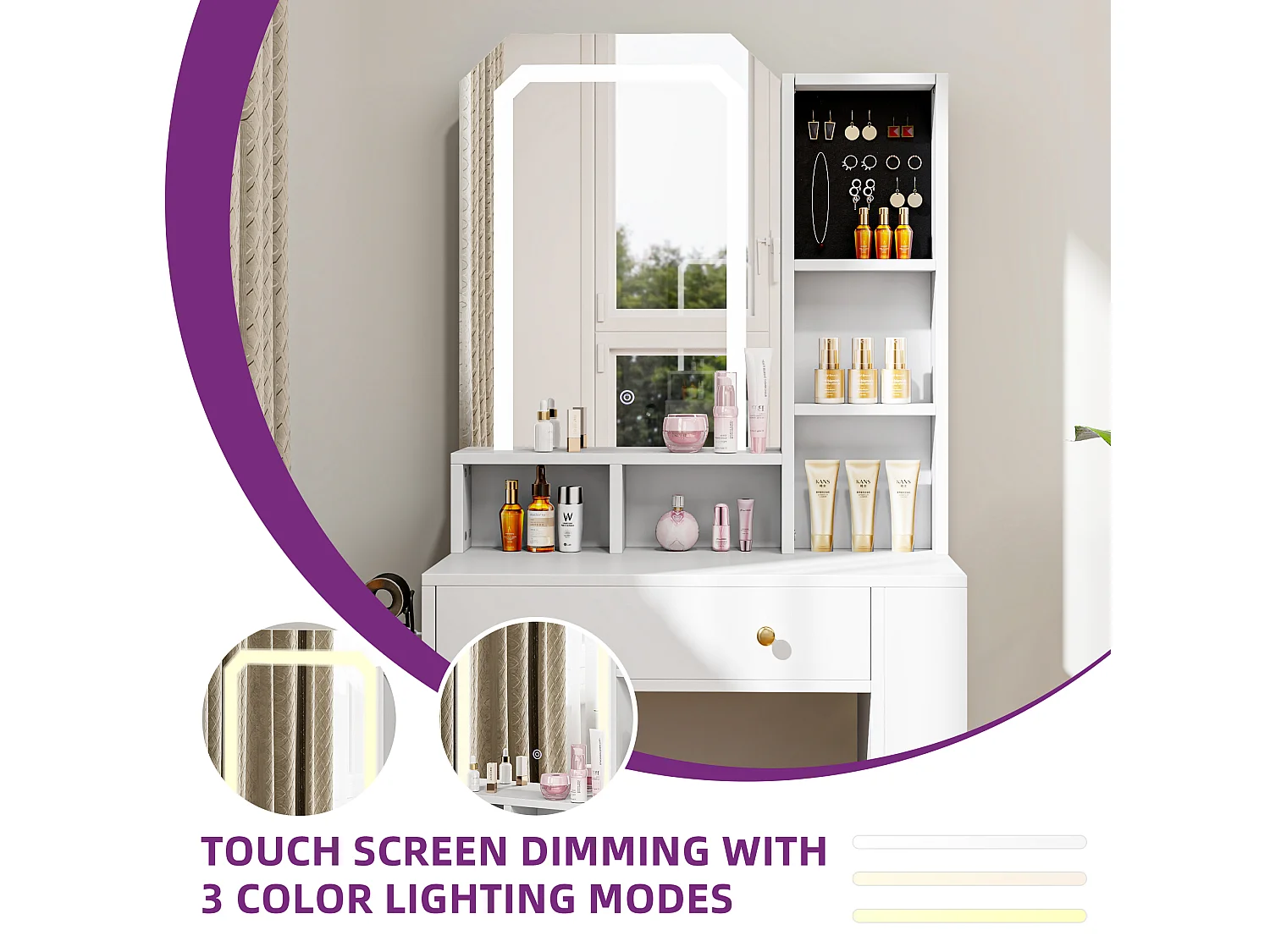 YITAHOME Coiffeuse avec Éclairage LED - 3 Couleurs avec Luminosité Réglable -Table de Maquillage avec Tiroirs - Blanc