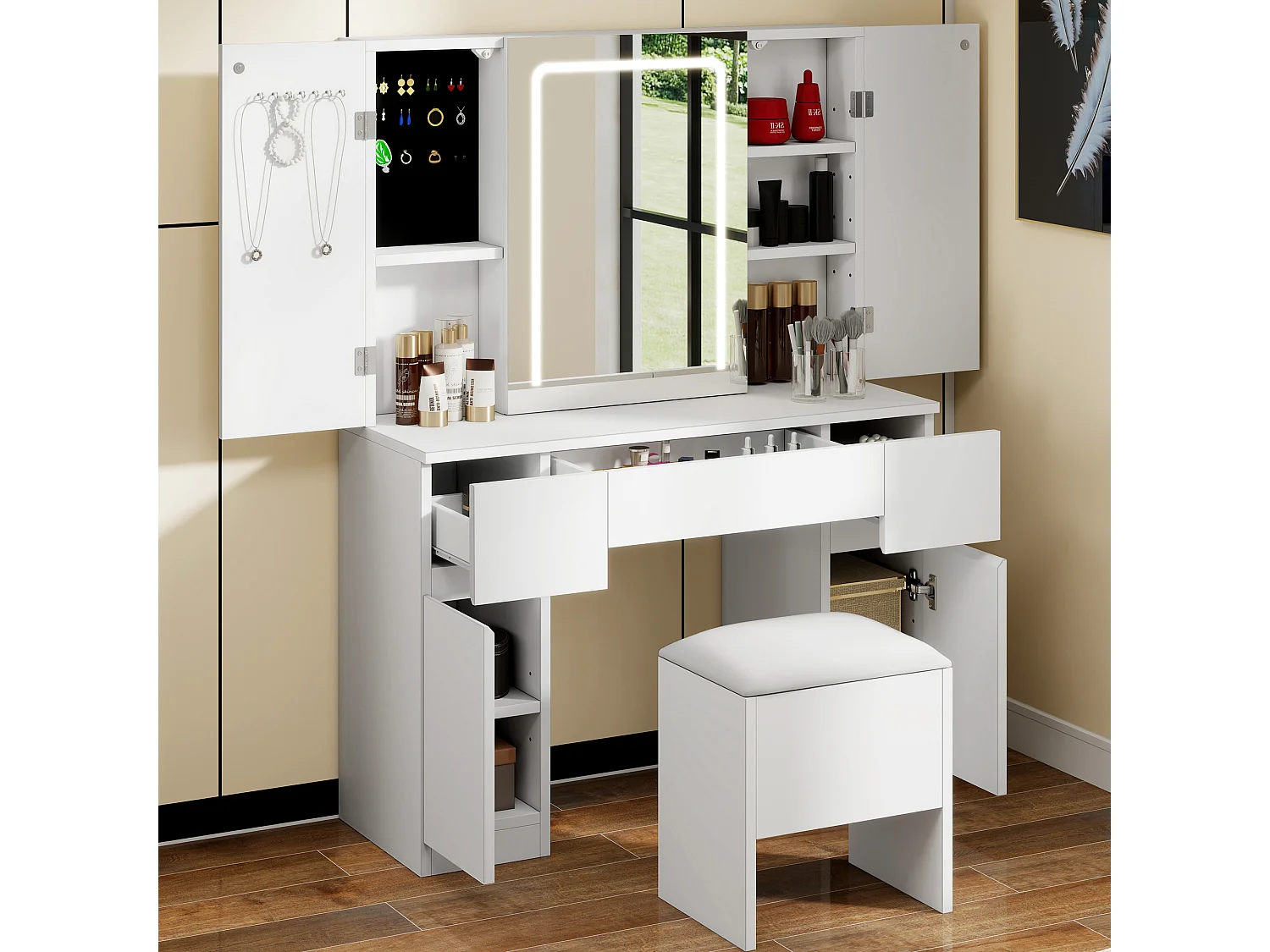 YITAHOME Coiffeuse avec Miroir et Tabouret - Table de Maquillage avec Éclairage LED - Table Cosmétique avec 3 Tiroirs - Blanc
