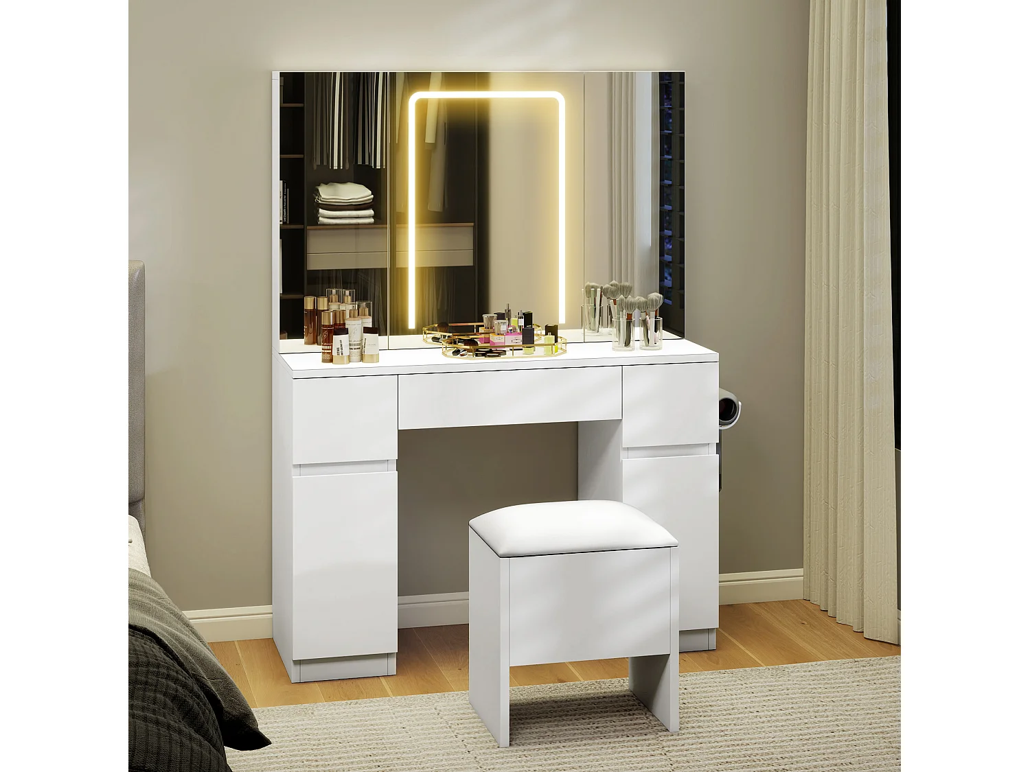 YITAHOME Coiffeuse avec Miroir et Tabouret - Table de Maquillage avec Éclairage LED - Table Cosmétique avec 3 Tiroirs - Blanc