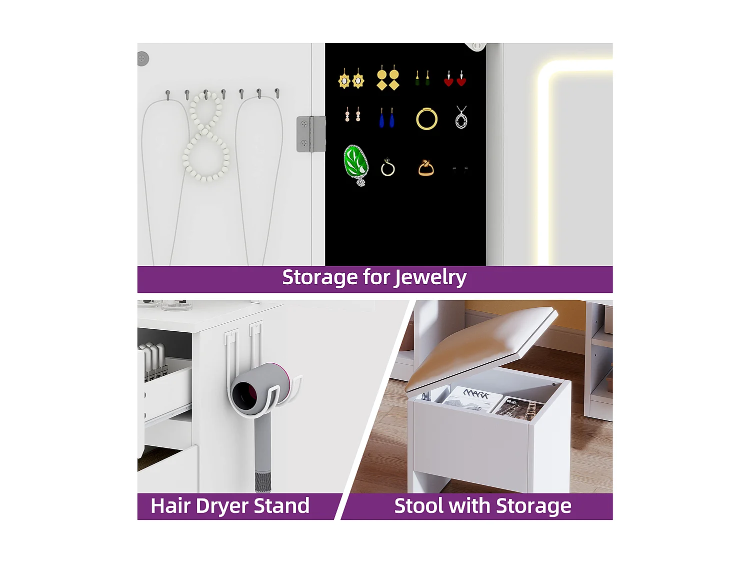 YITAHOME Coiffeuse avec Miroir et Tabouret - Table de Maquillage avec Éclairage LED - Table Cosmétique avec 3 Tiroirs - Blanc