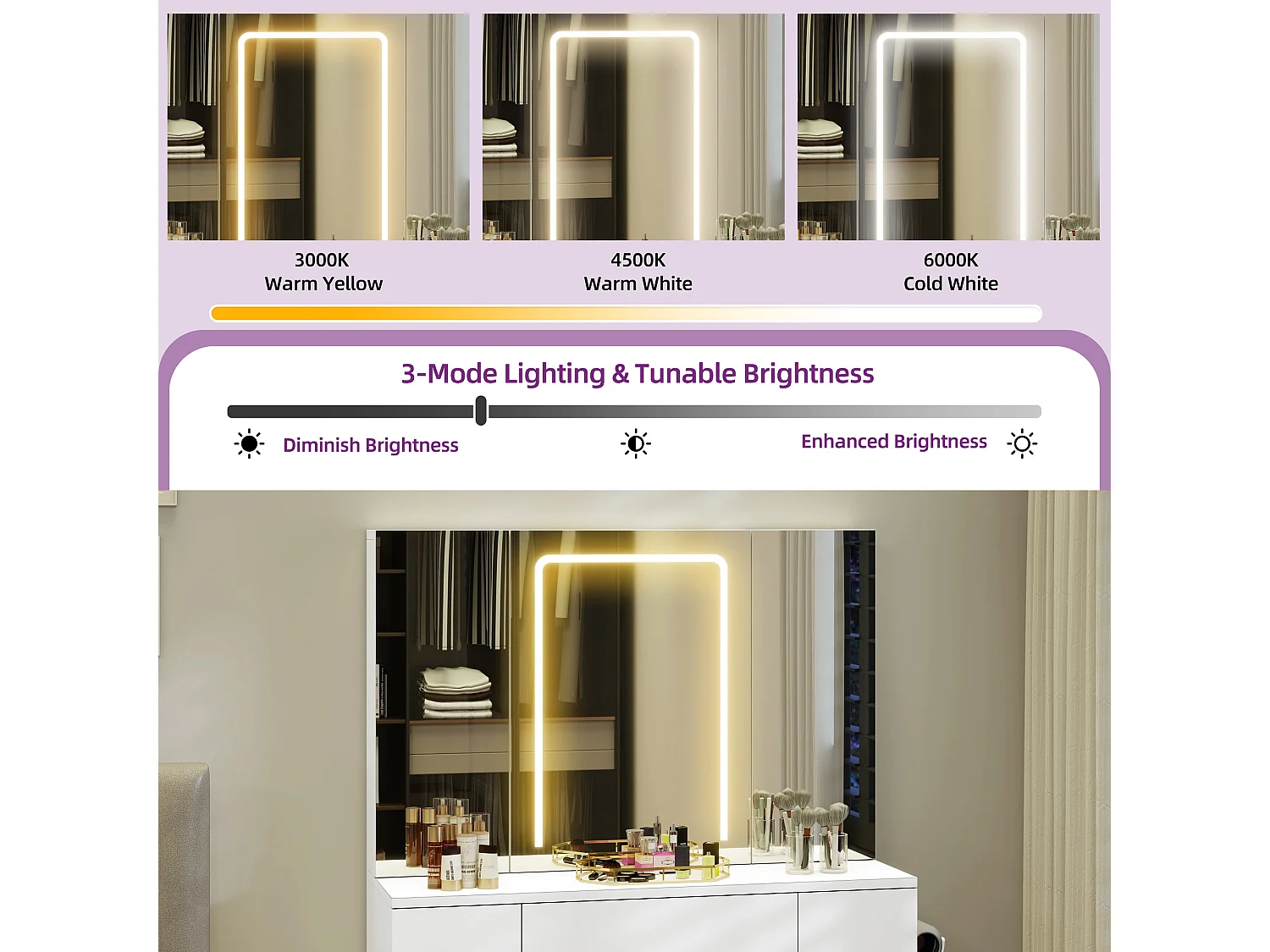 YITAHOME Coiffeuse avec Miroir et Tabouret - Table de Maquillage avec Éclairage LED - Table Cosmétique avec 3 Tiroirs - Blanc