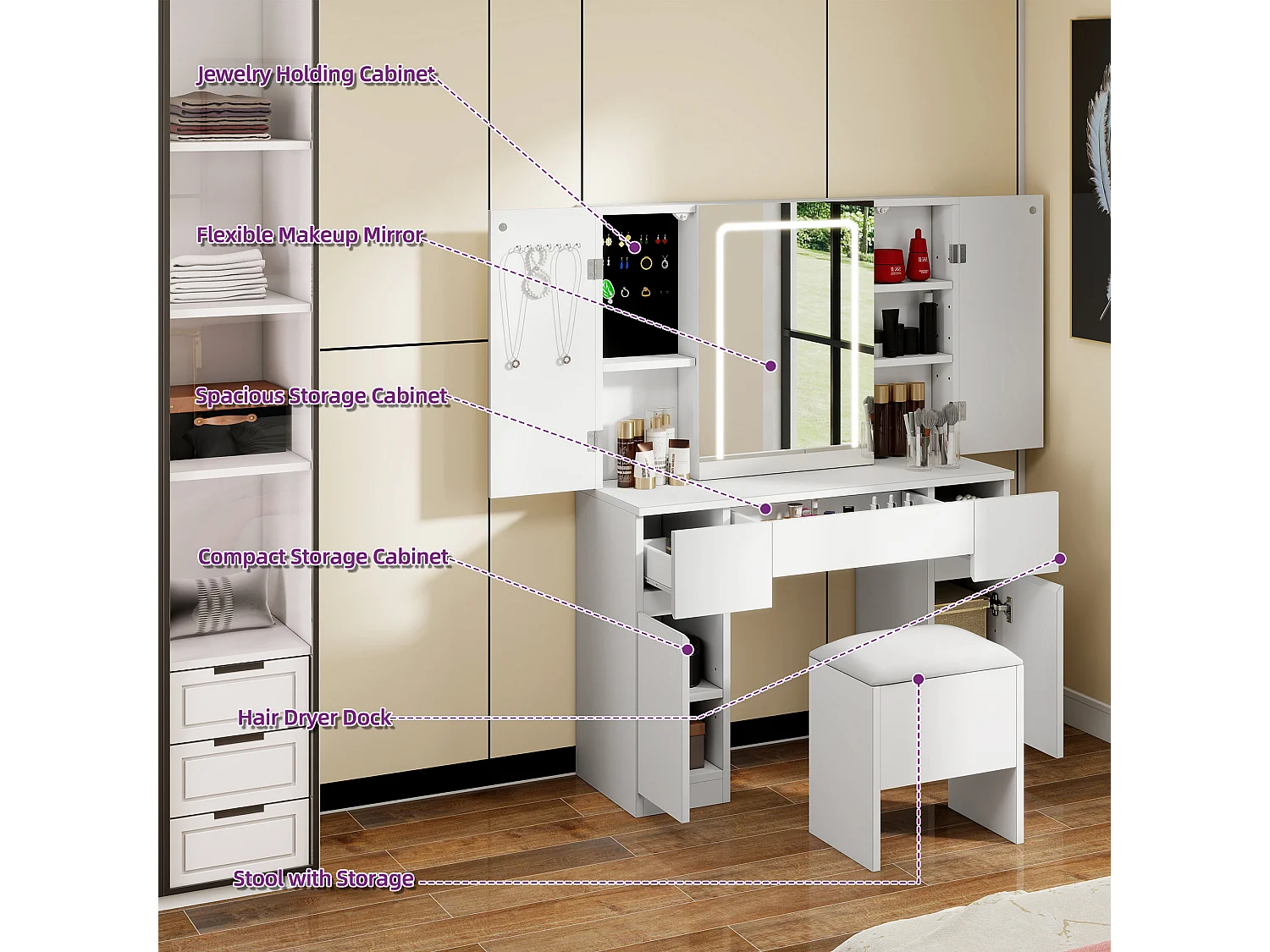 YITAHOME Coiffeuse avec Miroir et Tabouret - Table de Maquillage avec Éclairage LED - Table Cosmétique avec 3 Tiroirs - Blanc