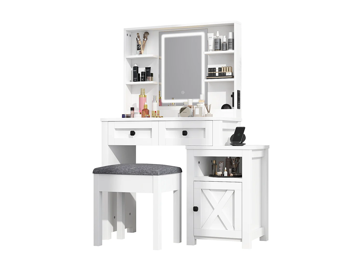 YITAHOME Coiffeuse avec Miroir LED Réglable et Prises de Courant - 2 Tiroirs et 6 Étagères Ouvertes - Blanc - 80 x 39.5 x 137cm