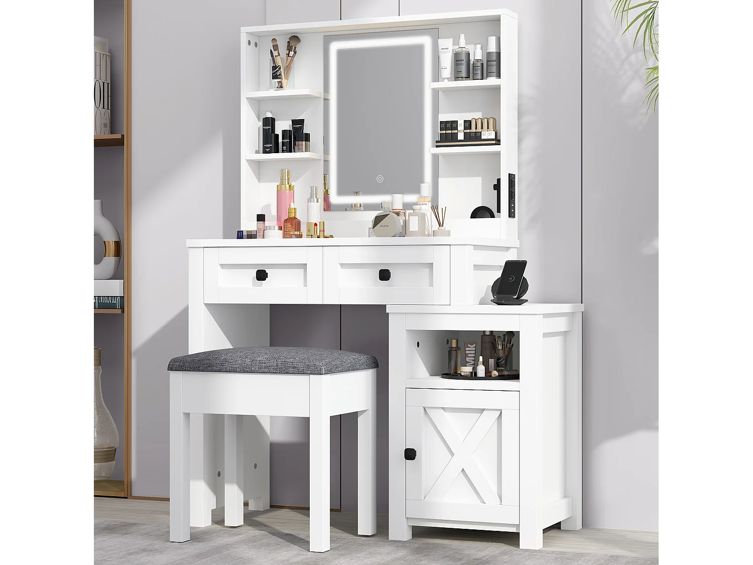 YITAHOME Coiffeuse avec Miroir LED Réglable et Prises de Courant - 2 Tiroirs et 6 Étagères Ouvertes - Blanc - 80 x 39.5 x 137cm