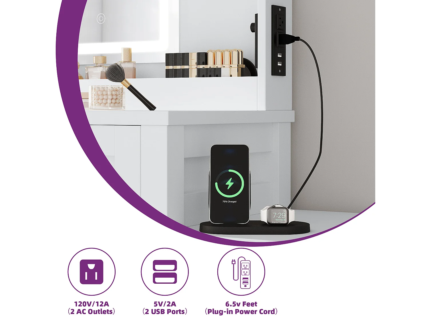 YITAHOME Coiffeuse avec Miroir LED Réglable et Prises de Courant - 2 Tiroirs et 6 Étagères Ouvertes - Blanc - 80 x 39.5 x 137cm