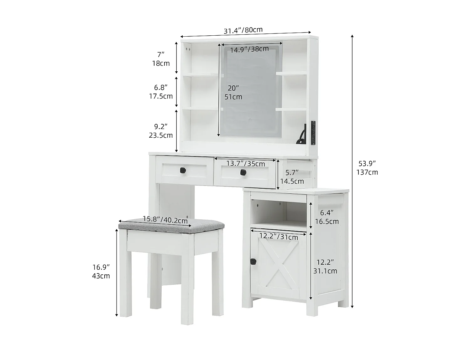YITAHOME Coiffeuse avec Miroir LED Réglable et Prises de Courant - 2 Tiroirs et 6 Étagères Ouvertes - Blanc - 80 x 39.5 x 137cm