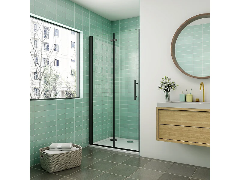 AICA Draai- en vouwdouchedeur 100x195cm, 6mm antikalk glas met zwarte aluminium structuur, elegant en praktisch industrieel design