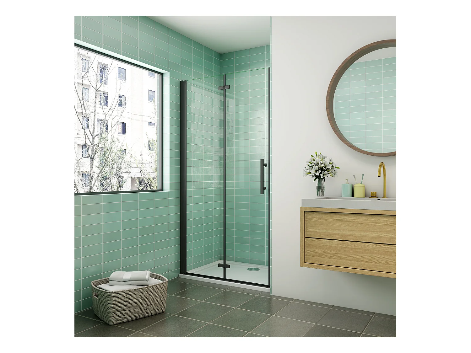 AICA Draai- en vouwdouchedeur 100x195cm, 6mm antikalk glas met zwarte aluminium structuur, elegant en praktisch industrieel design