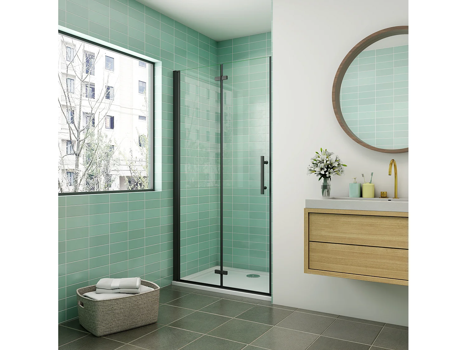 AICA Porte de douche pivotante et pliante 90x195cm,6mm verre anticalcaire avec structure en aluminium Noir,design industriel élégant et pratique.