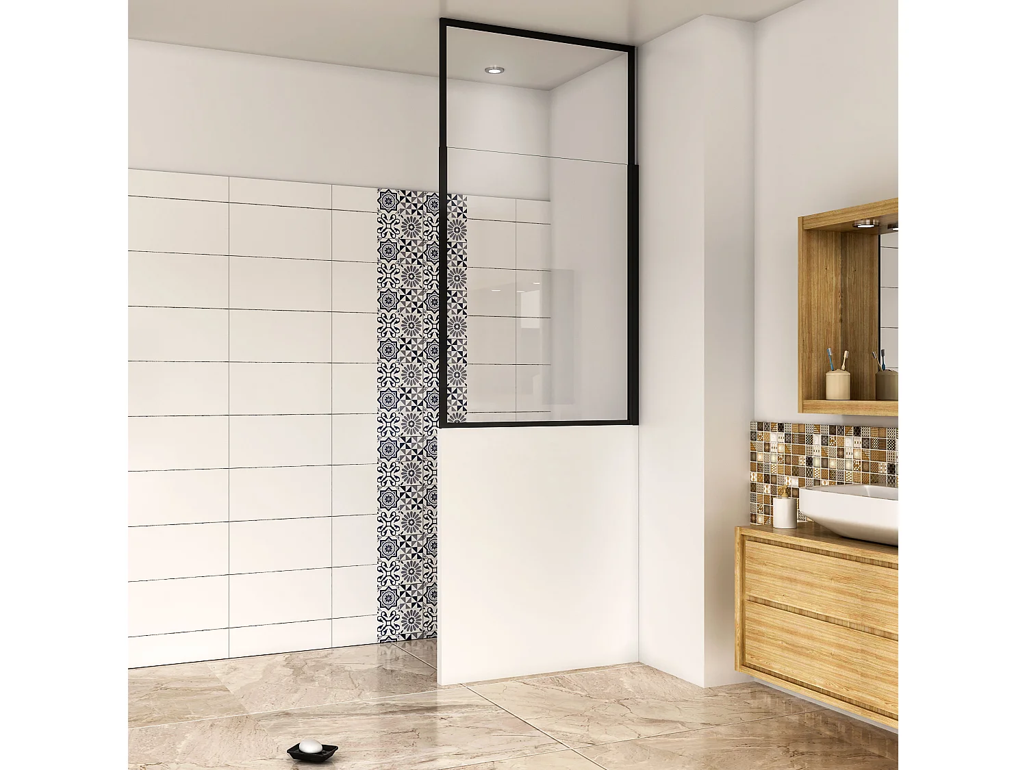 AICA Zwart wandscherm 90x110cm, 6mm antikalk glas, Zwart badscherm, industriële stijl en discrete industriële touch