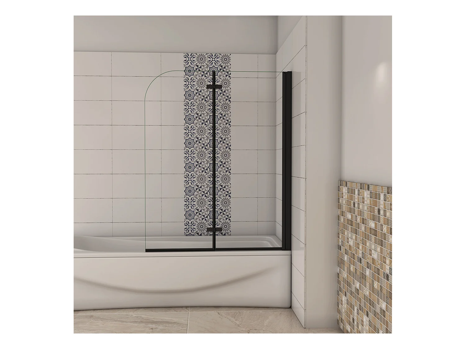AICA pare baignoire noir pivotante pliant 100x140cm,paroi fixée,5mm verre anticalcaire,noir mat en métal style et simplicité