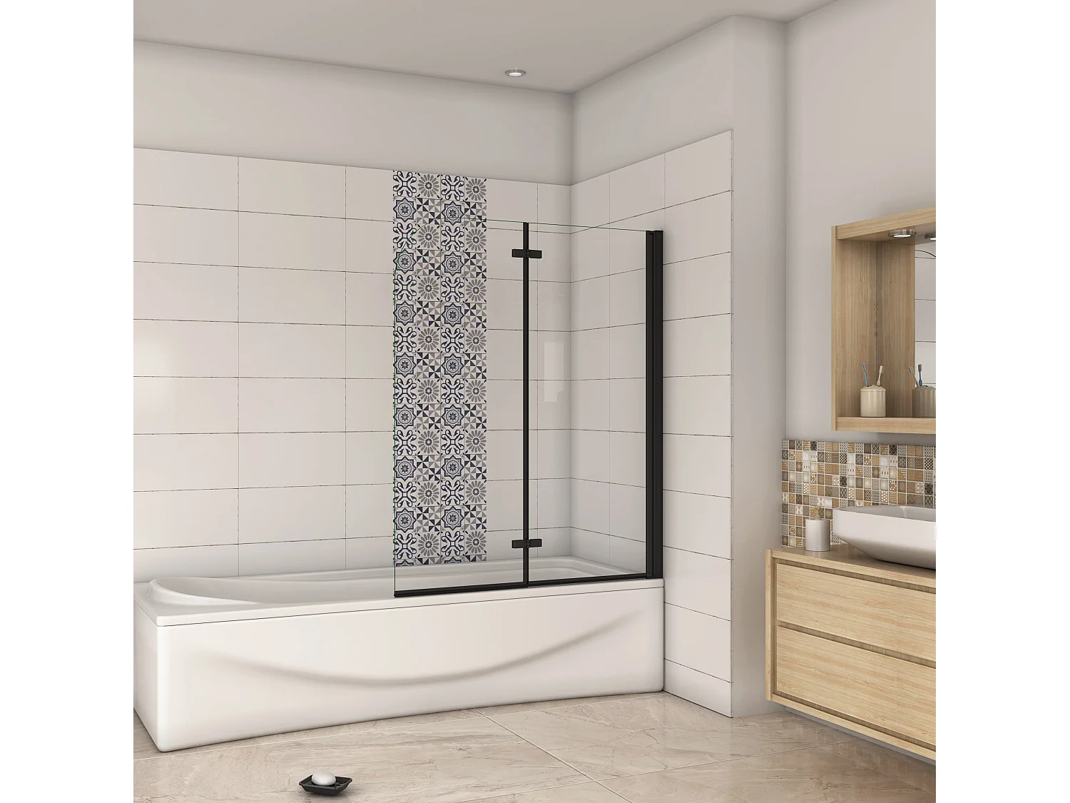 AICA pare baignoire noir pivotante pliant 90x140cm,paroi fixée,5mm verre anticalcaire,noir mat en métal style et simplicité