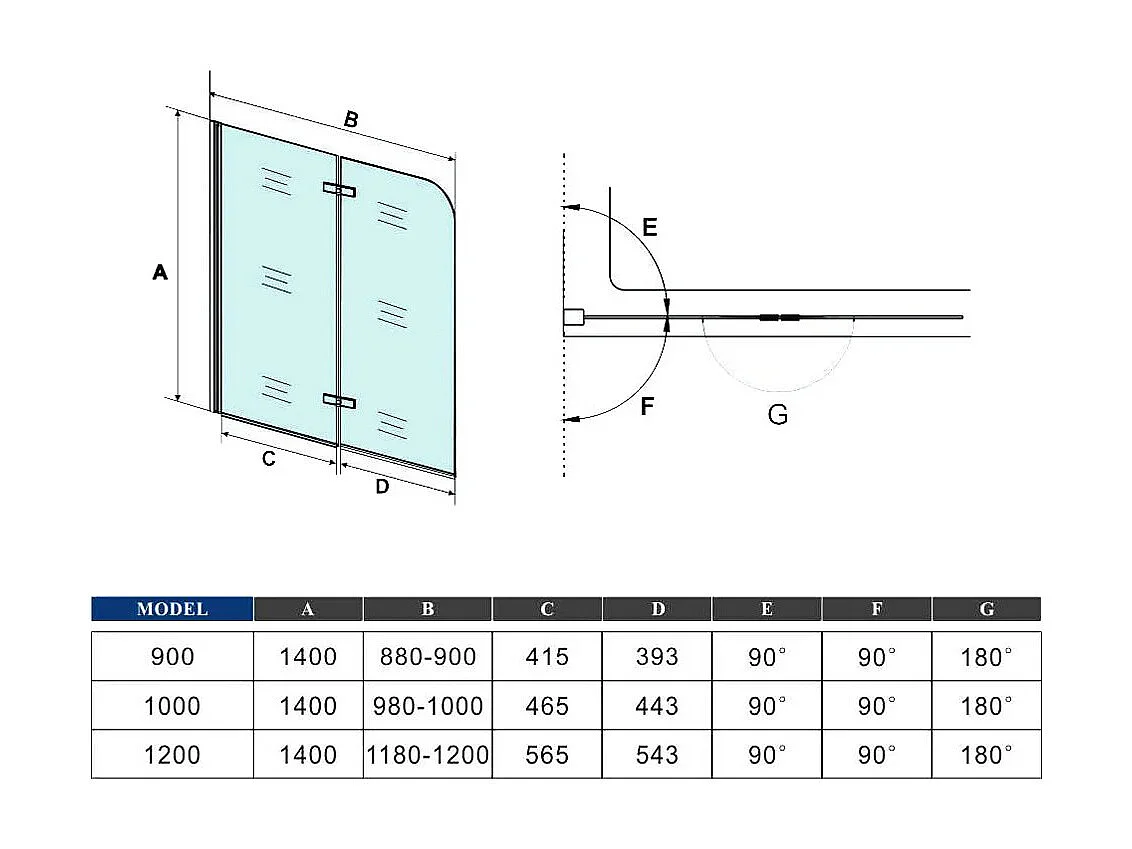 AICA pare baignoire noir pivotante pliant 90x140cm,paroi fixée,5mm verre anticalcaire,noir mat en métal style et simplicité