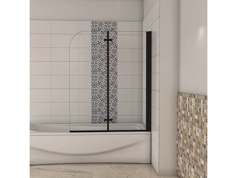 AICA zwarte draaibare opvouwbare badwand 90x140cm, vaste wand, 5mm antikalk glas, matzwart metaal stijl en eenvoud