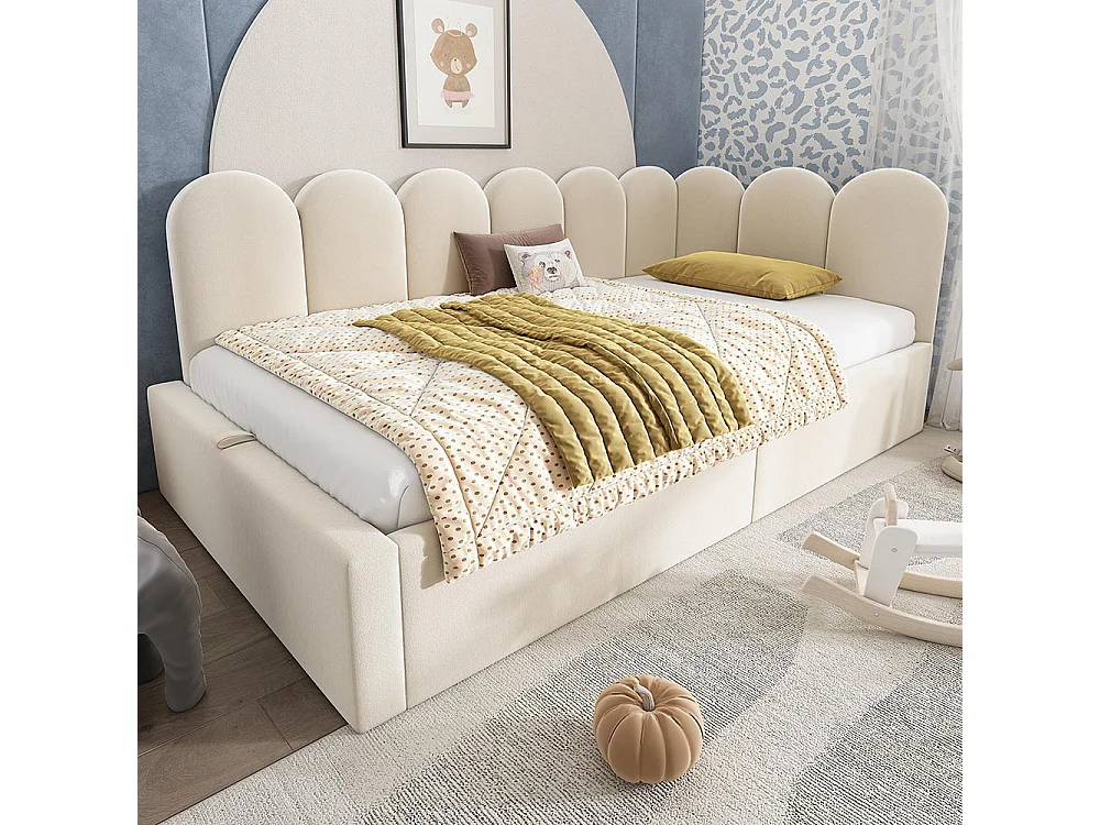 LIT GIGOGNE 90x200 cm,Lit de jour Canapé-lit avec rangement hydraulique, Lit d'enfant Velours, Beige, sans matelas