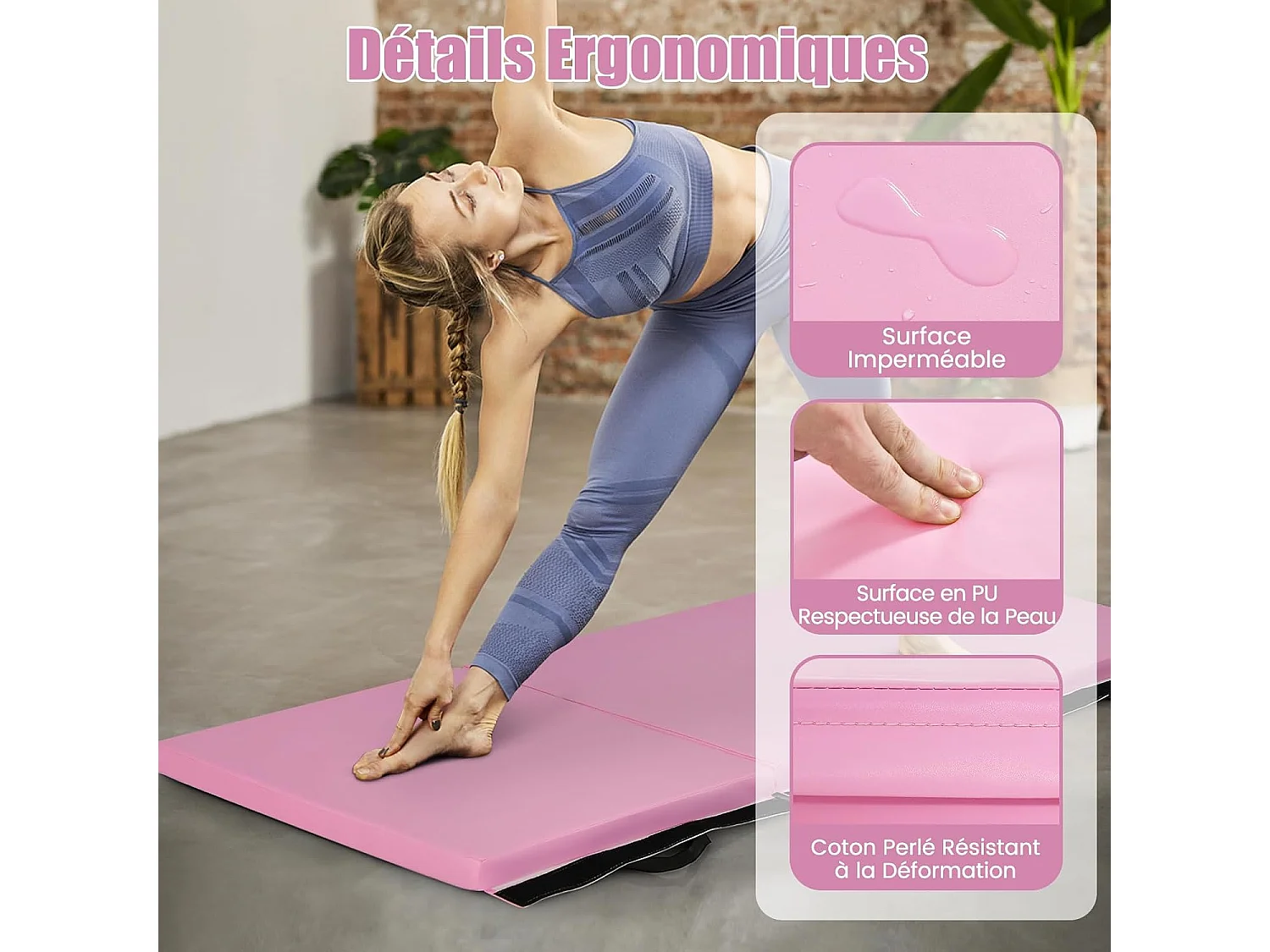 Tapis de Gymnastique Pliable Epais, Matelas d'Entrainement en Mousse et PU avec Poignées, pour Gymnastes Entraînements Sportifs Yoga, 180x60x5CM (Rose)