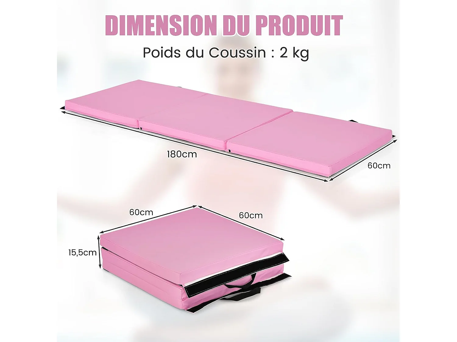 Tapis de Gymnastique Pliable Epais, Matelas d'Entrainement en Mousse et PU avec Poignées, pour Gymnastes Entraînements Sportifs Yoga, 180x60x5CM (Rose)
