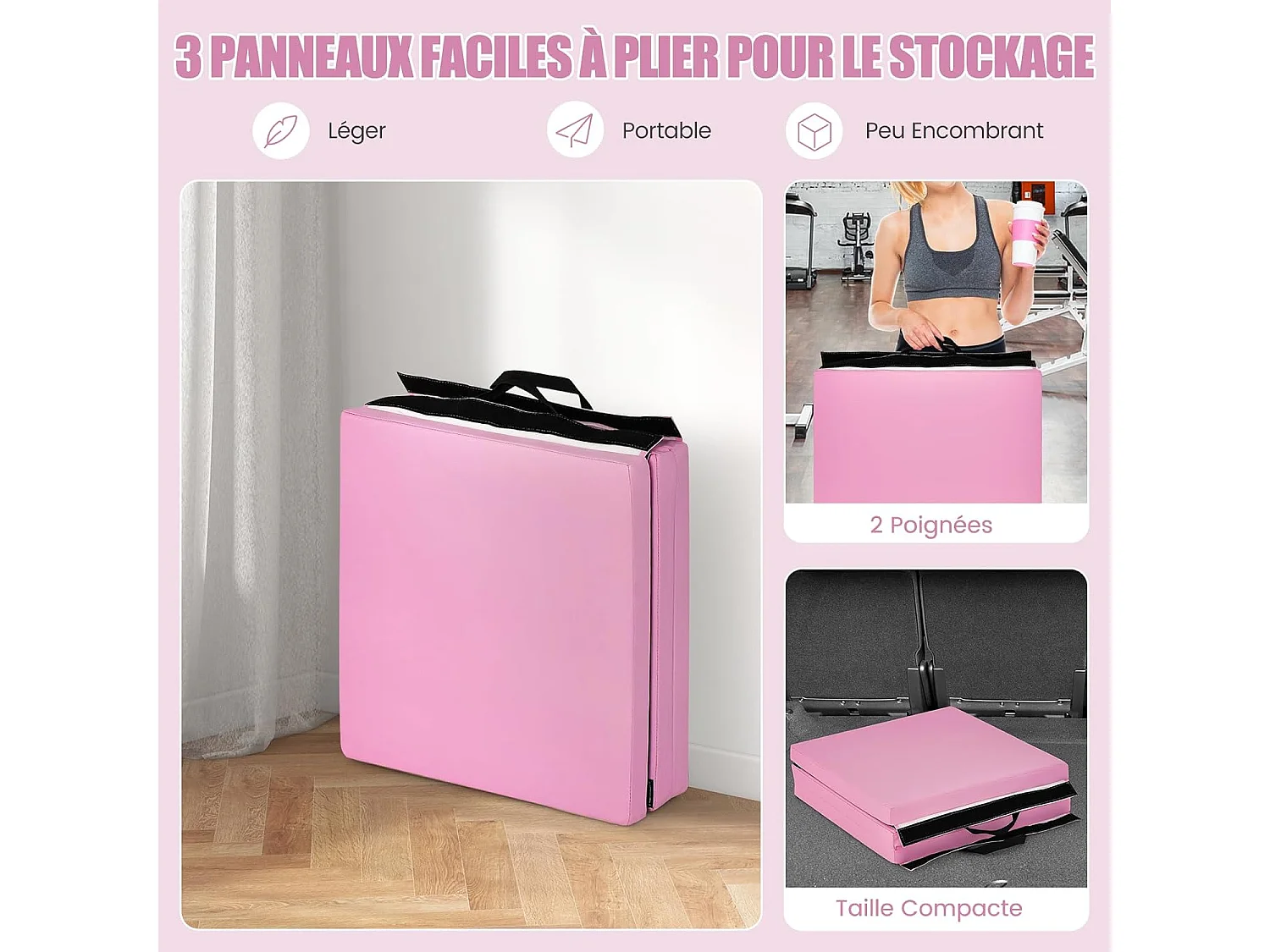 Tapis de Gymnastique Pliable Epais, Matelas d'Entrainement en Mousse et PU avec Poignées, pour Gymnastes Entraînements Sportifs Yoga, 180x60x5CM (Rose)