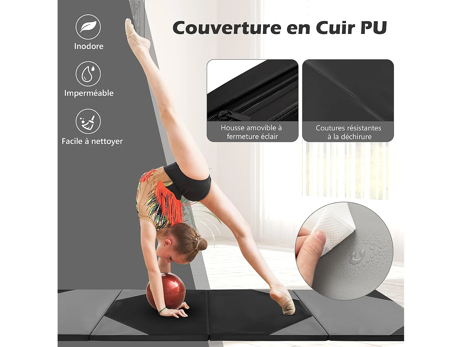 Tapis de Gymnastique Pliable Epais, Matelas d'Entrainement en Mousse et PU avec Poignées, pour Gymnastes Entraînements Yoga