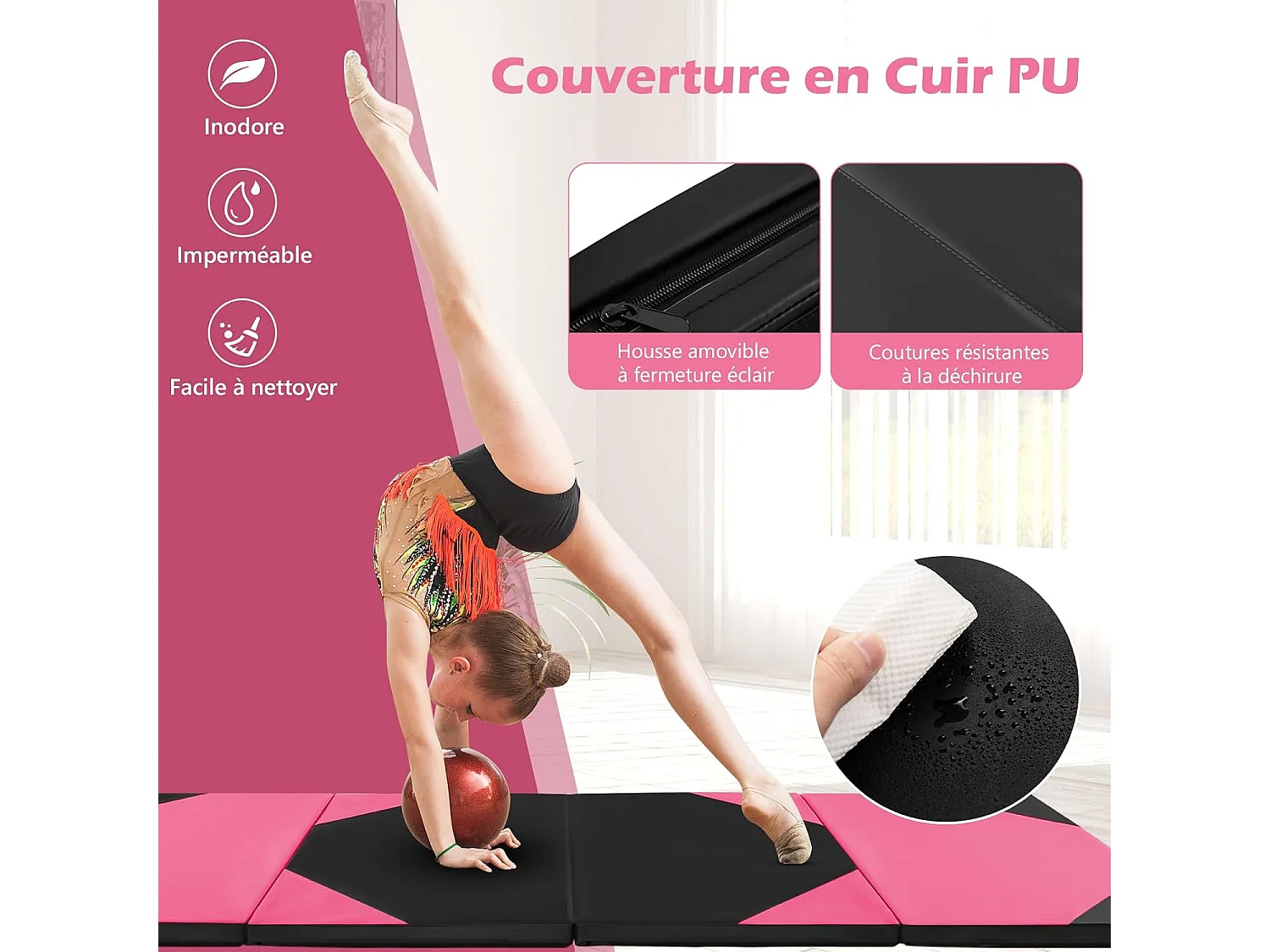 Tapis de Gymnastique Pliable Epais, Matelas d'Entrainement en Mousse et PU avec Poignées, pour Gymnastes Entraînements Yoga