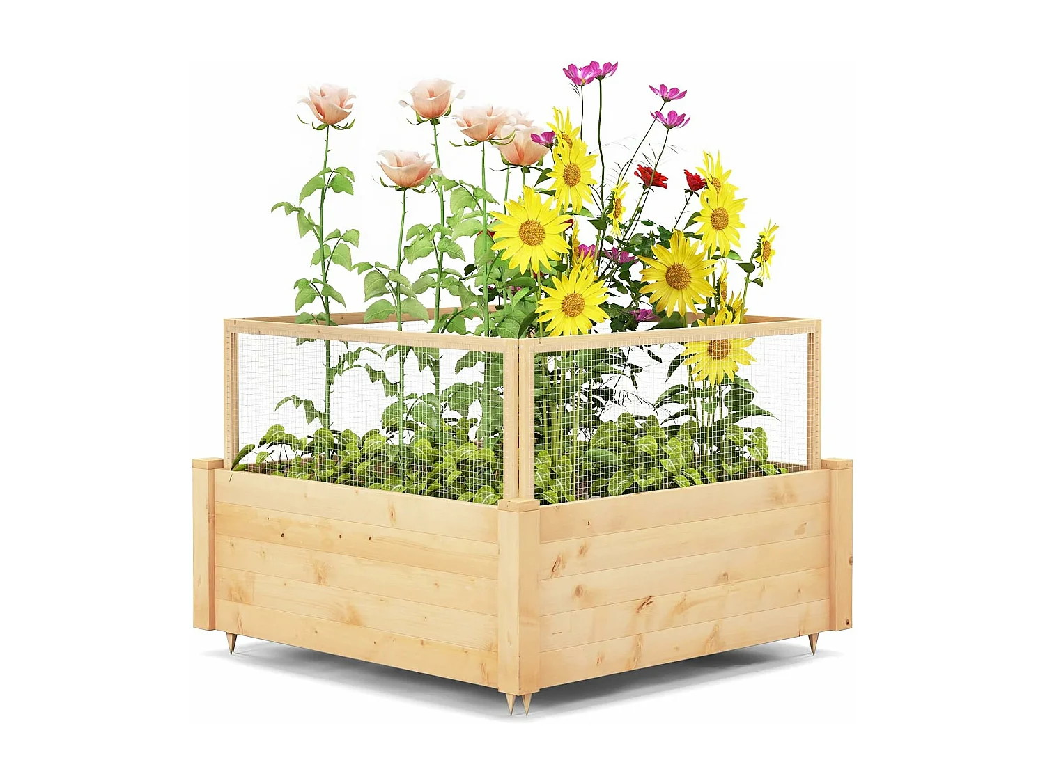 Verhoogd bloembed met hek, houten plantenbak met 4-zijdige bescherming en 9 plantenoppervlakken, bloembak voor groenten, fruit, kruiden, 107 x 107 x 70 cm